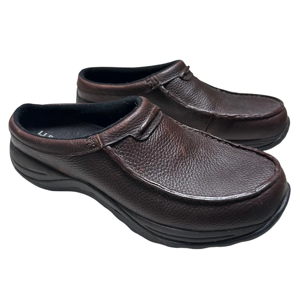 LL Bean Comfort Mocs Mens 9 Brown Tumbled Leather Slip On Mule Shoes 268224